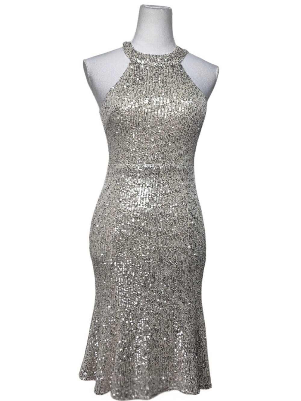 Dalia McPhee Shimmerimg Beige Sequins Sleeveless Halter Midi Dress Size  Small